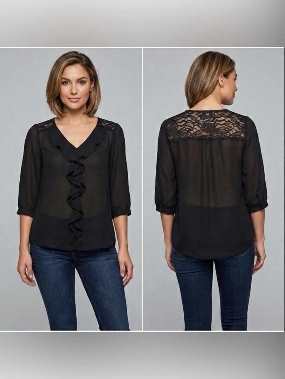 IZ Byer Sheer Black Ruffle Top W/Lace Back Panel M